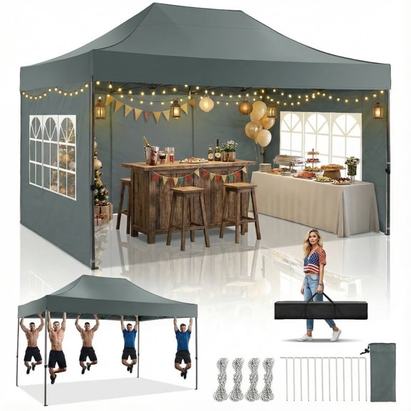 COBIZI 10x15 Pop up Canopy Heavy Duty Party Tent with 4 Sidewalls,Outdoor Waterproof Pop up Canopy Tent Event Shelter for Parties,Commercial-Series,Camping,Event,Gray(Frame Thickened)