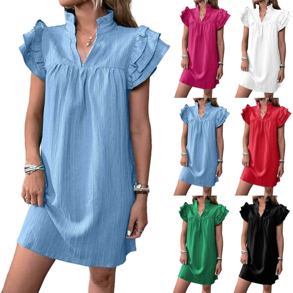 Ashirexll Flowy Dresses for Women, Womens Summer Dresses, Stand Collar Ruffle Short Sleeve Solid Color Loose Shift Pullover Dress