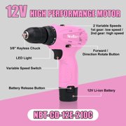 NEWBEAT Pink Cordless Drill Set, 12V Power Drill with Battery and Charger, 3/8 Keyless Chuck, 2 Variable Speed, Electric Power Tools for Women Diy