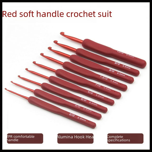Juego de herramientas para crochet de aluminio con mango rojo y mango suave recubierto de alúmina