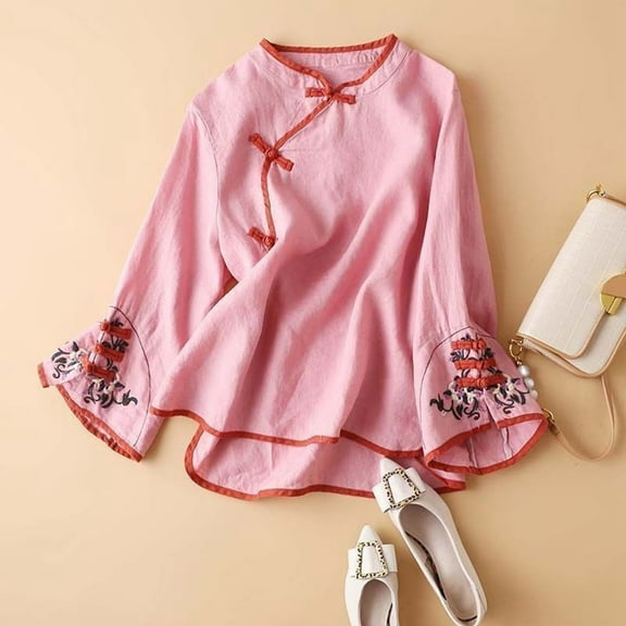 Hauaitttt Women's Spring New Retro Ethnic Style Temperament Embroidery Loose and Comfortable Slim Long Sleeved Shirt Top Shirt Short Sleeve Women Womens Loose Athletic Tees Long Sleeve Spandex Shirt