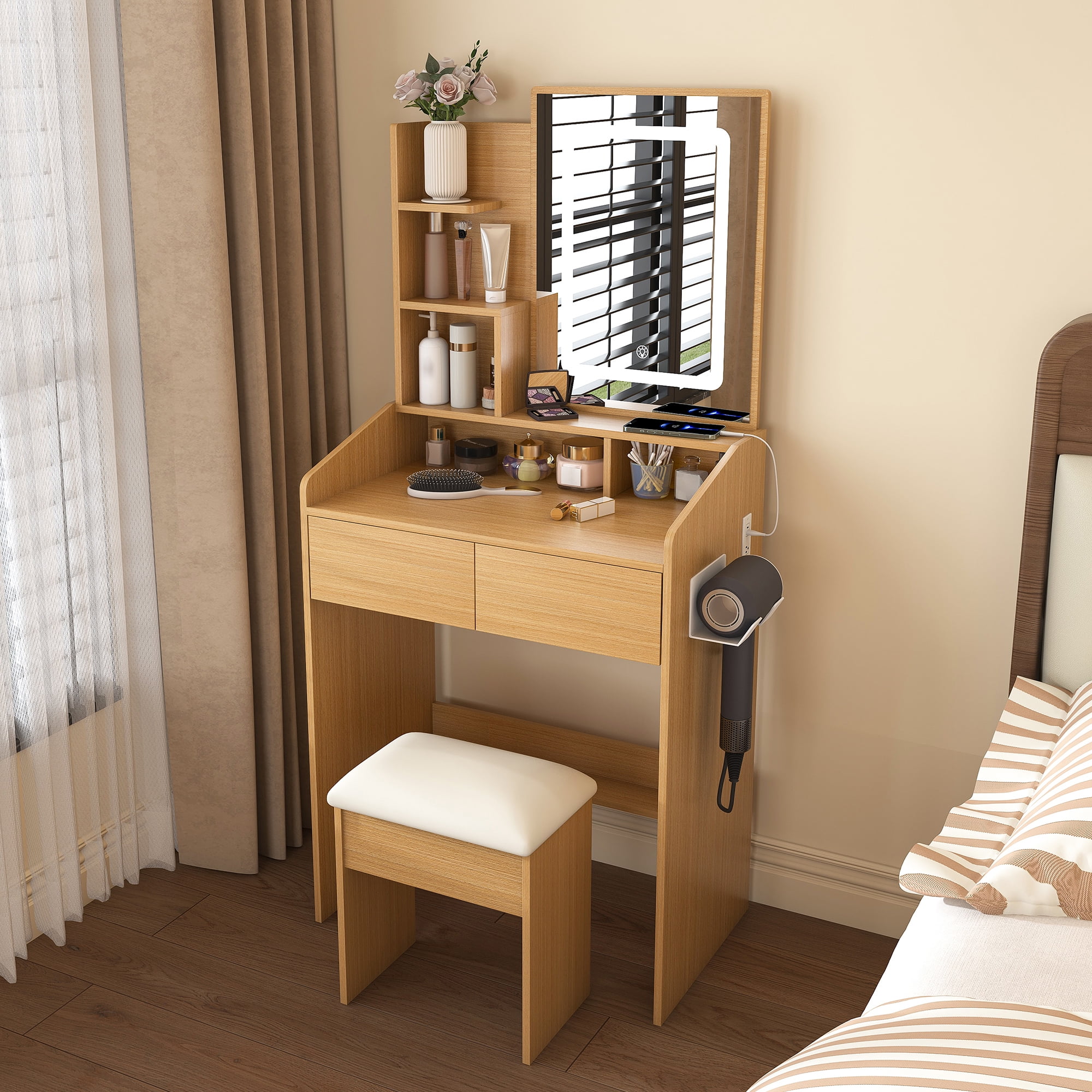 Vanity Table with LED-Illuminated Mirror, Power Outlet, Hairdryer Holder & Stool – Compact Dressing Desk for Small Bedrooms(Wood)