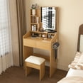 thumbnail image 5 of Wooden Vanity Table with LED Mirror, Power Outlet and Hairdryer Holder, Compact Dressing Desk with Drawers, Shelf & Padded Stool for Small Bedrooms, 5 of 14