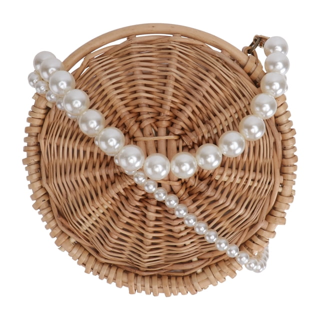 1pc Pearl Strap Strap Cross Body Bag Bolsa de hombro de paja redonda (caqui)