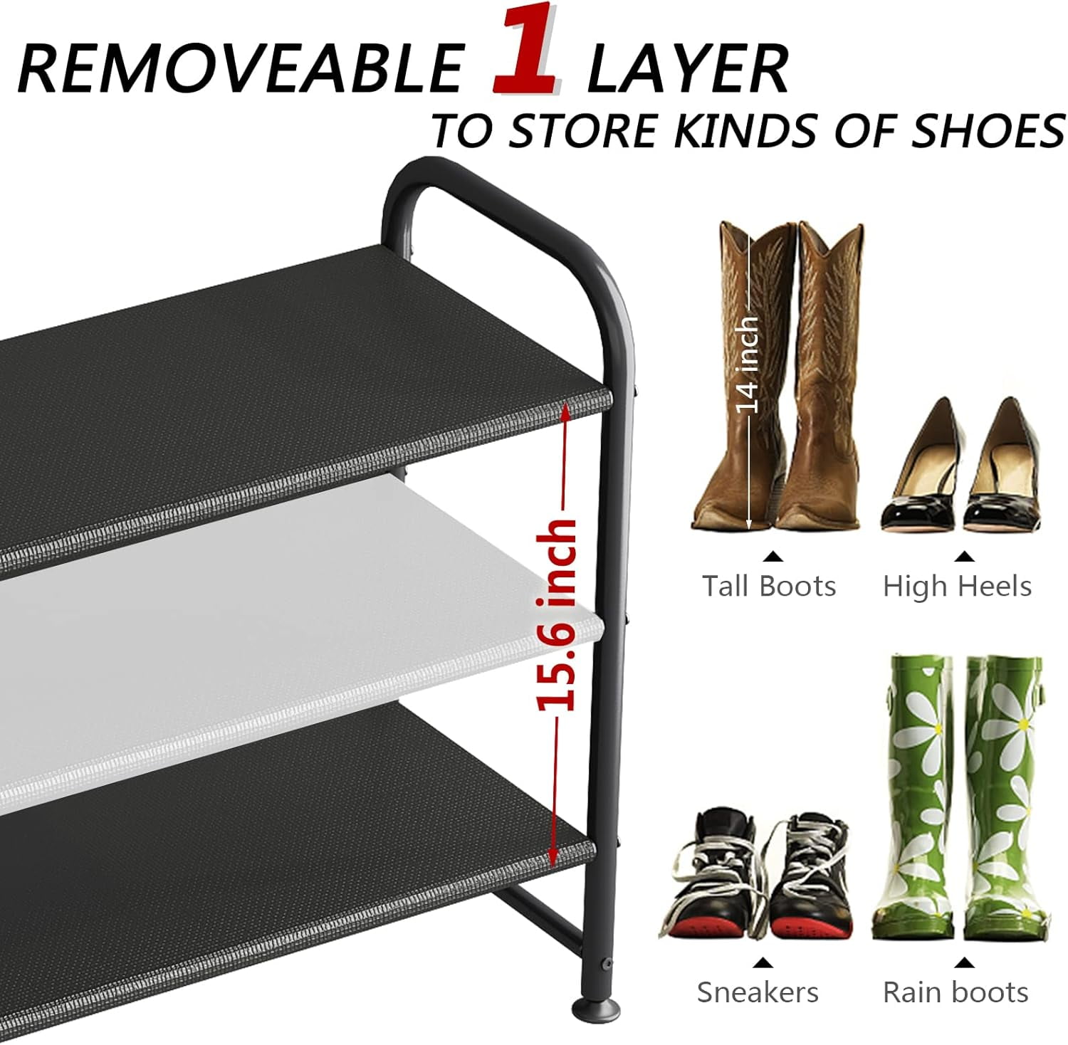 Seamika 3-Tier Shoe Rack Organizer, Metal Shoe Storage Wide Shelf with Non-woven Fabrics for Close Entryway,Black