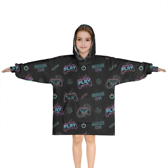 Neon Controllers Games Symbols Black Pattern Blanket Hoodies for Kids 6-13YR Oversize Wearable Blanket Hoodies for Boys Girls Teens