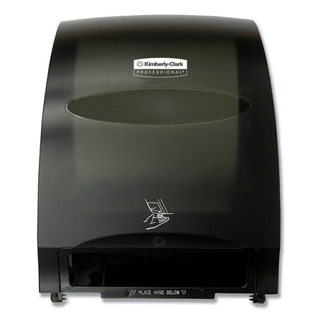 Kimberly-Clark Professional* Electronic Towel Dispenser 12.7w x 9.572d x 15.761h Black 48857 Kimberly-Clark Touchless Dispenser is battery powered paper towel dispenser reduces restroom maintenance.Reduce the hassle of restroom maintenance with the high-capacity Kimberly-Clark Professional Automatic Towel Dispenser. This touchless  wall mount roll towel dispenser needs infrequent refilling and provides consistent  reliable performance. Your washroom guests will enjoy the benefits of hygienic  touch free dispensing – they ll only touch the towel they re using. This high capacity towel dispenser is made of high impact smoke colored plastic. The unit dispenses a nominal 11  of towel when activated by placing hand under the unit. A second sheet will dispense at 10% reduced length when activated within a few seconds. Features include a quiet dispensing system  quick load capability and choice of key-activated spring lock or push button operation. With four included D-cell batteries to power up  and will dispense a 8  diameter  950 foot roll 120 000 times on one set of batteries  equal to 60 000 hand dries. This comes in handy to reduce waste  particularly for a high-traffic business restroom. When installed properly and used with corresponding product  this dispenser meets the ADA Standard for Accessible Design. Touchless wall mount roll towel dispenser needs infrequent refilling with reliable performance. Only one towel dispenses at a time. 99.9% Jam Free. 9.572  x 15.761  x 9.572 . 1.75  Core Size. Sold as 1/Carton.