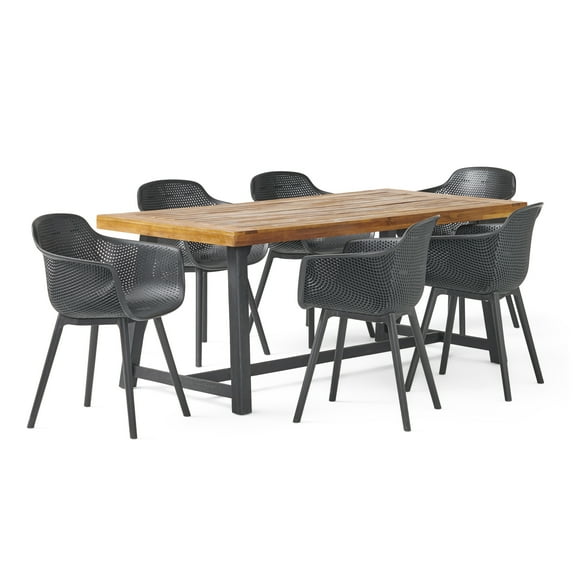 GDF Studio Trinity Outdoor Acacia Wood and Resin 7 Piece Dining Set, Black and Sandblasted Teak