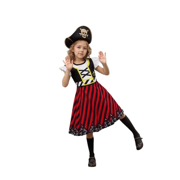 Vividxx Girls Pirate Halloween Dress Ruffle Flutter Sleeve Print Gown Red Black Stripe Skull Swing Dress Hallowmas‌ 7-8 Years