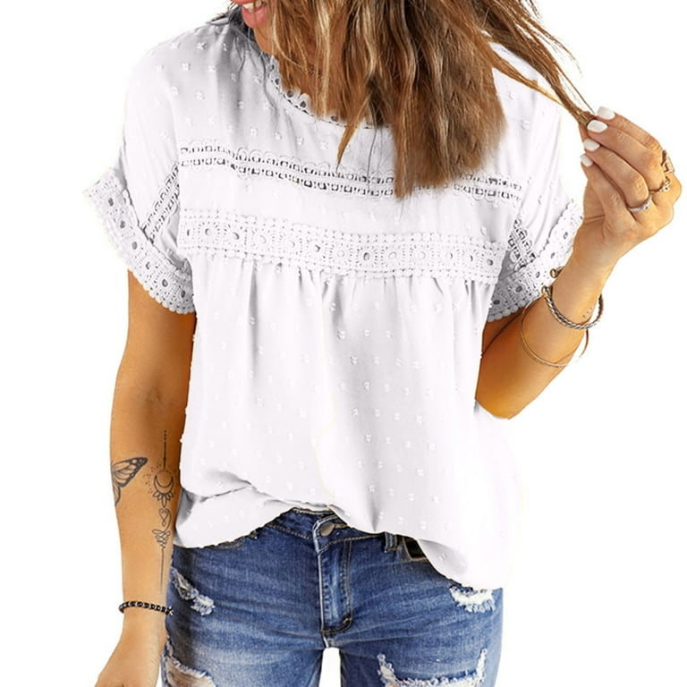 RYRJJ Womens Summer Tops Crewneck Lace Crochet Short Sleeve Shirts