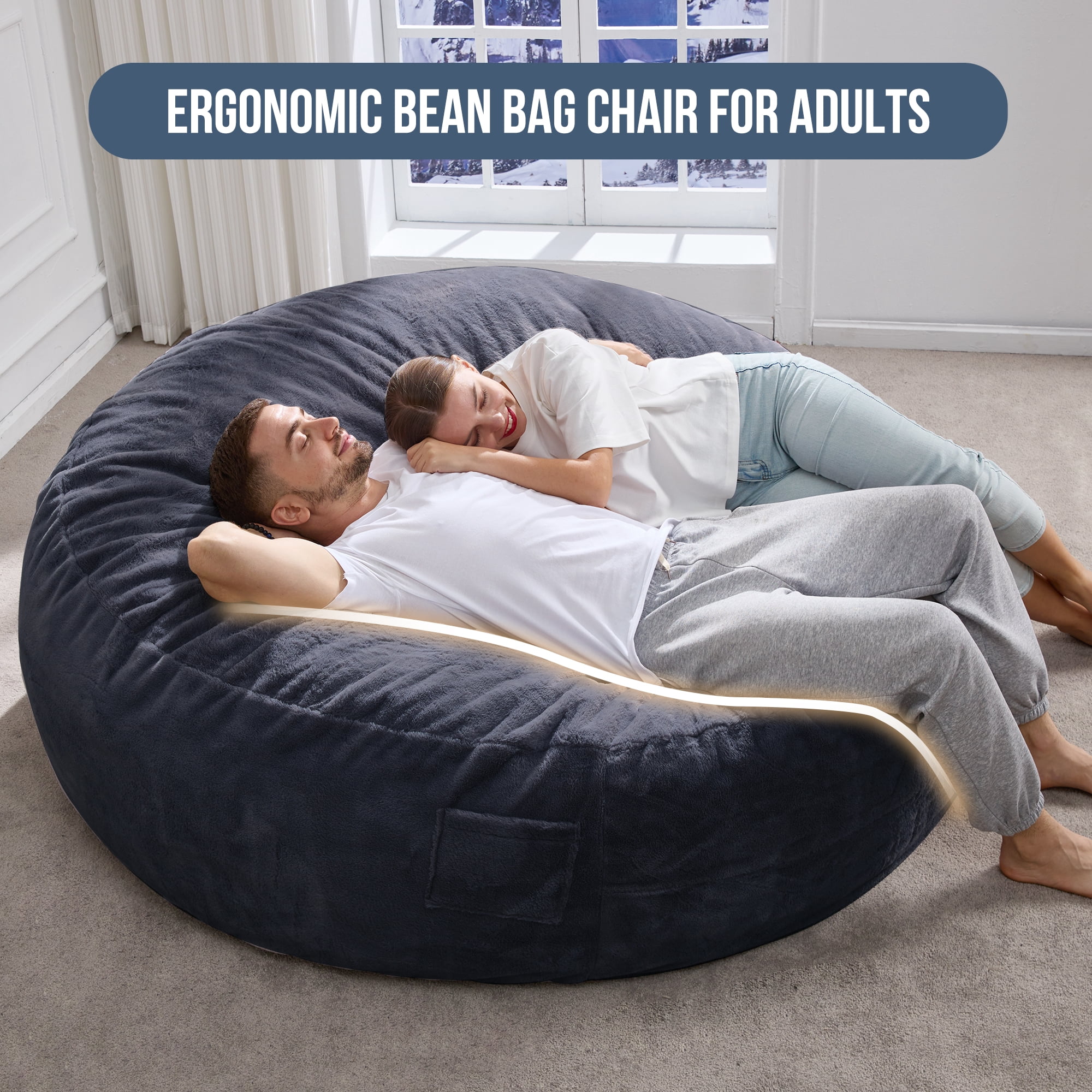 Hobestluk 6ft Bean Bag Chairs for Adults Large Beanbag Chair with Plush Faux Fur Cover Big Bean Bag Chair for Living Room Bedroom Dorm Office - Dark Grey (70" x 70" x 15")