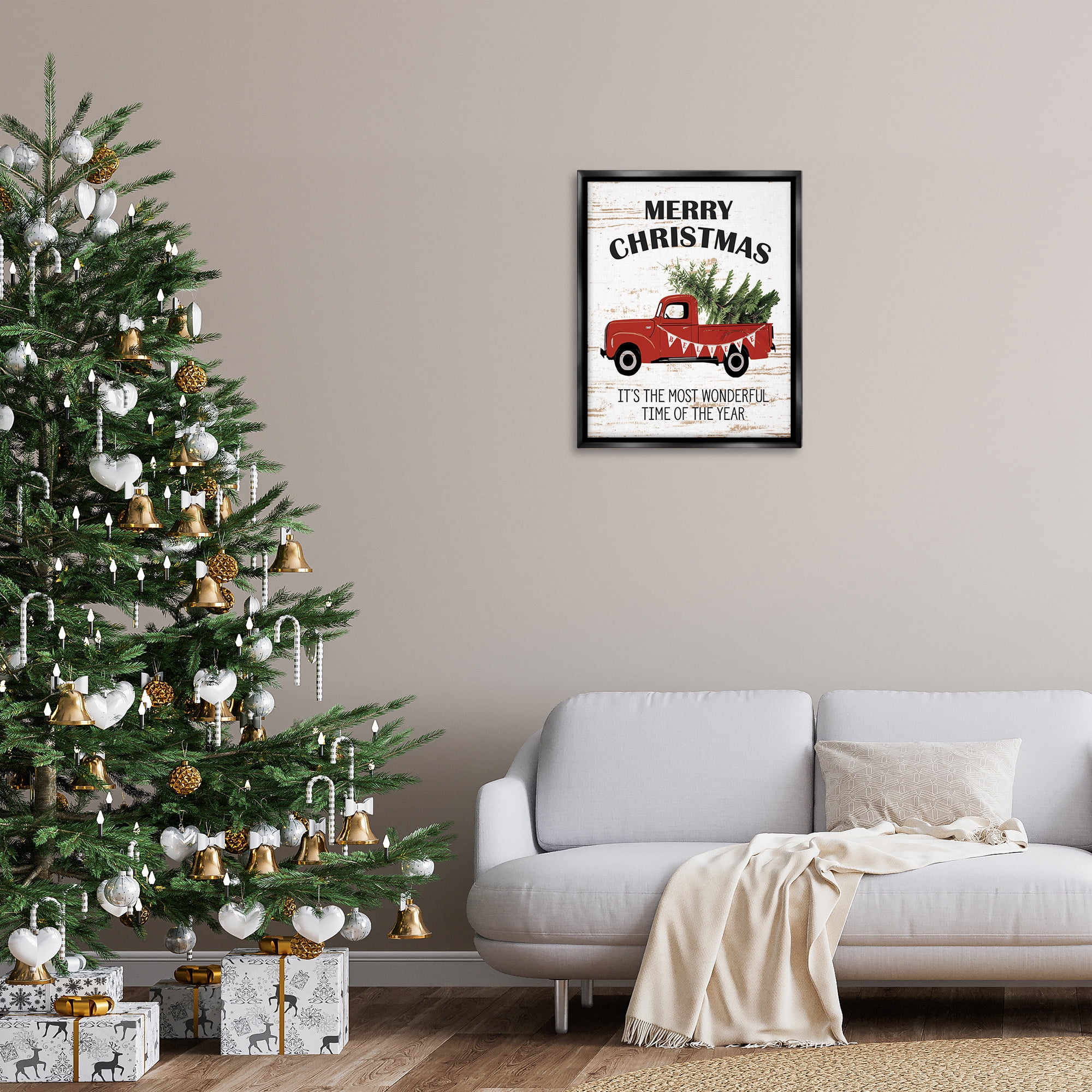 Stupell Industries Christmas Most Wonderful Time Vintage Truck Holiday Painting Black Floater Framed Canvas Art Print Wall Art, 25 x 31