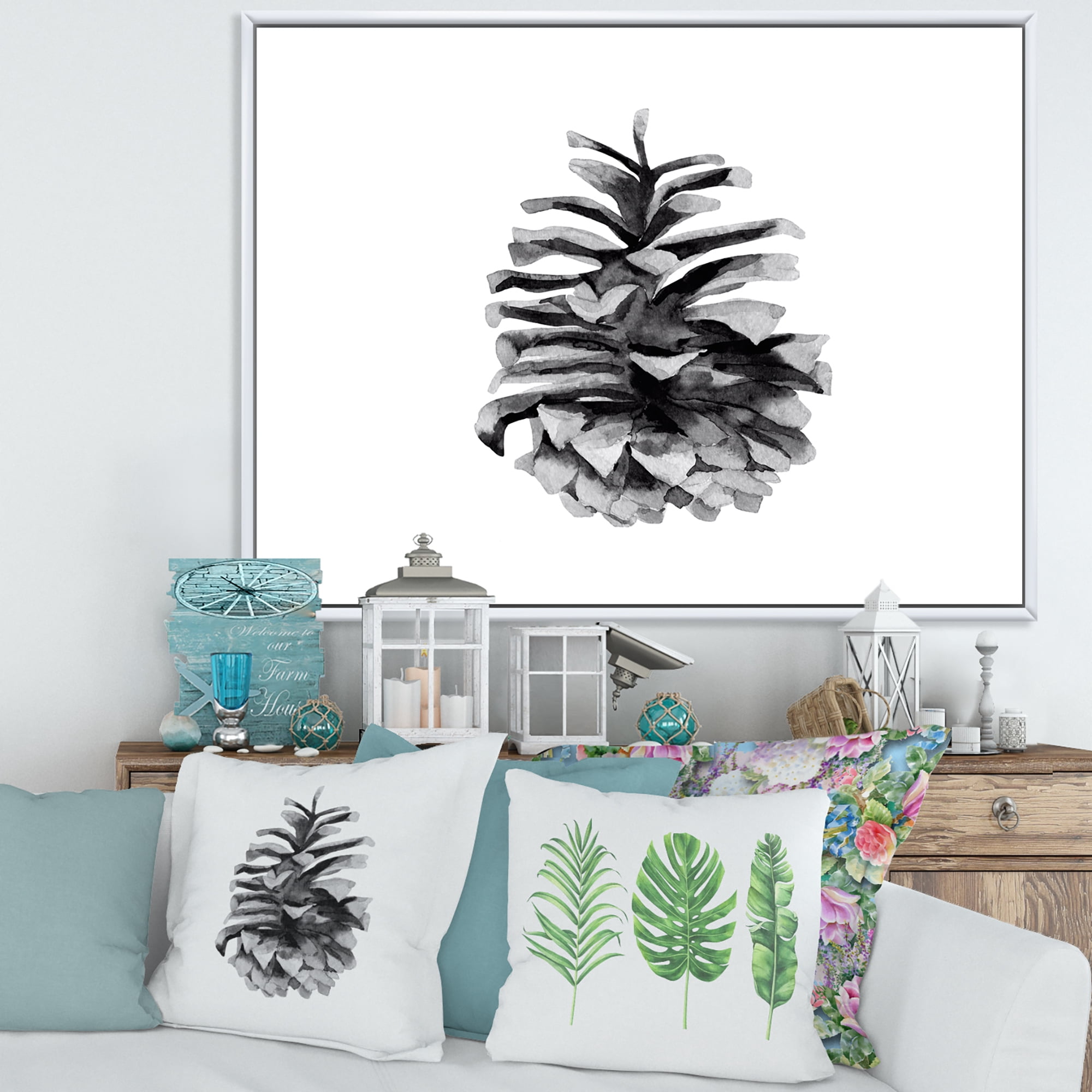 Designart 'Conifer Cone Black and White' Traditional Framed Canvas Wall Art Print