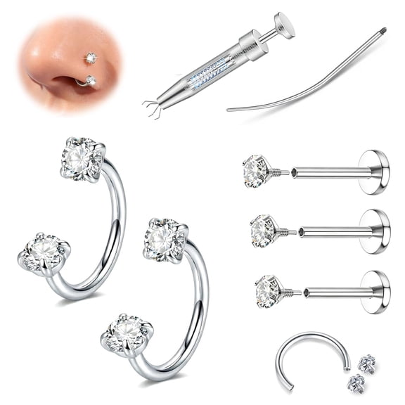 LAURITAMI 18G Horseshoe Nose Ring Flat Back Earrings with Internal Threaded Piercing Taper and Grabber Tool Lip Ring Tragus Cartilage Earring for Women Men