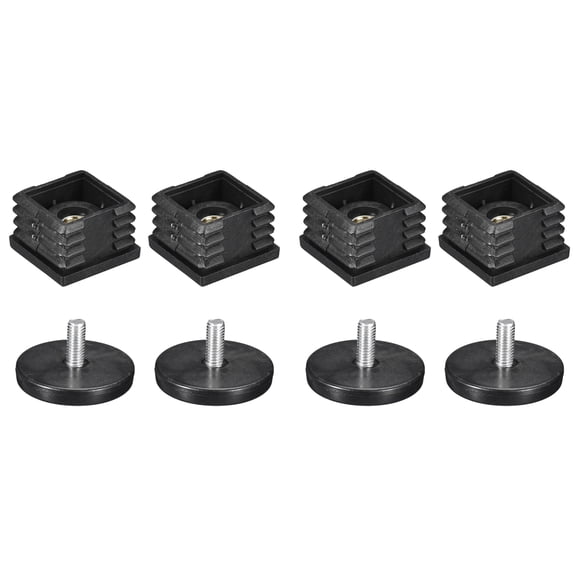 4Pack Inserts for Square Tubes with Leveling Feet, for 1.57"x1.57" OD Square Tube, M8 Thread Black Plastic Furniture