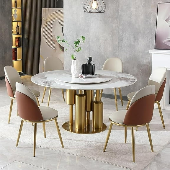 Montary 7 Piece Dining Table Set, Modern Dining Table Set of 6, Round 59" D Faux Marble Dining Table with Lazy Susan, Sintered Stone and Metal Dining Table with 6 Dining Chairs, for Dining Room