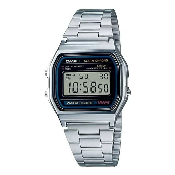 Reloj De Pulsera Casio Vintage A-158 Color De La Correa Plateado Color Del Bisel Plateado Color Del Fondo Gris