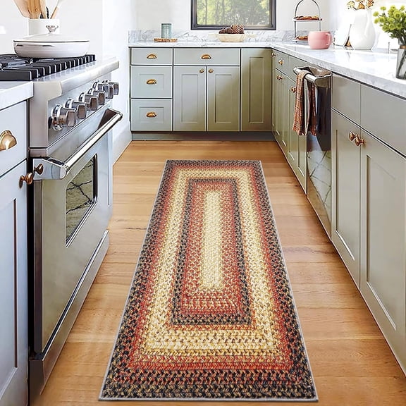 Homhougo 2x10 Washable Boho Entryway Rug, Non-Slip, Low Pile, Faux Wool Distressed Area Rug, Small Throw Carpet for Kitchen, Bathroom, Indoor Door Mat, Red