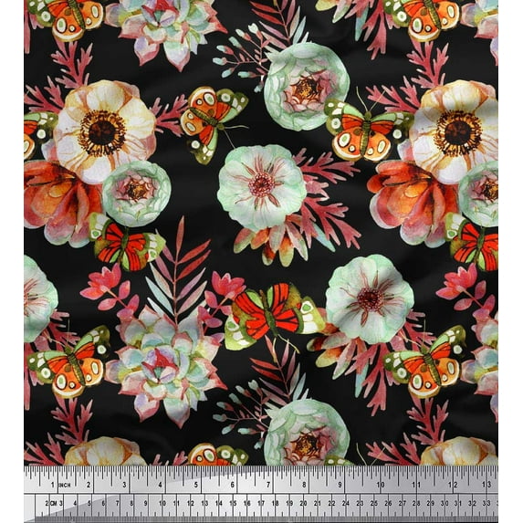 Soimoi Orange Polyester Crepe Fabric Leaves,Insect & Anemone Flower Print Fabric by Yard 42 Inch Wide