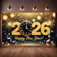 thumbnail image 5 of Golden Glitter 2026 New Year Banner Firework Design Happy New Year Display Vintage Clock Roman Numerals Golden Clock Backdrop for New Year Eve Holiday Celebration Party Decoration, 5 of 9