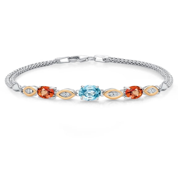 Gem Stone King 925 Silver and 10K Yellow Gold Blue Zircon and Orange Sapphire and White Lab Grown Diamond Bracelet for Women (2.41 Cttw, Gemstone, Oval, Wheat Chain, 7.5 inches)