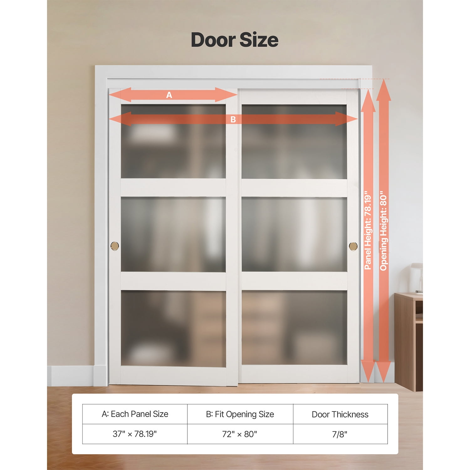 KFFKFF Sliding Closet Door Bypass BL5‑72 Wood & MDF with Frosted Glass 72 x 80 in White 2‑Panel Set