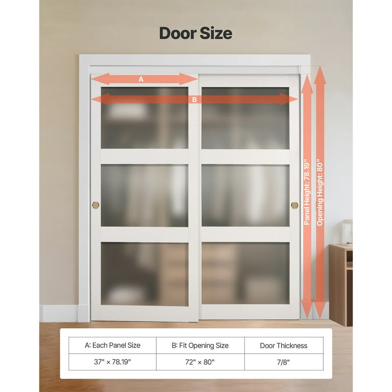 KFFKFF Sliding Closet Door, 72" (Double 37") x 80", Frosted Glass Bypass Doors with Hardware Kit & Floor Guide, Durable Wood and MDF Panels with Water-Resistant PVC Coating for Bedrooms and Closets