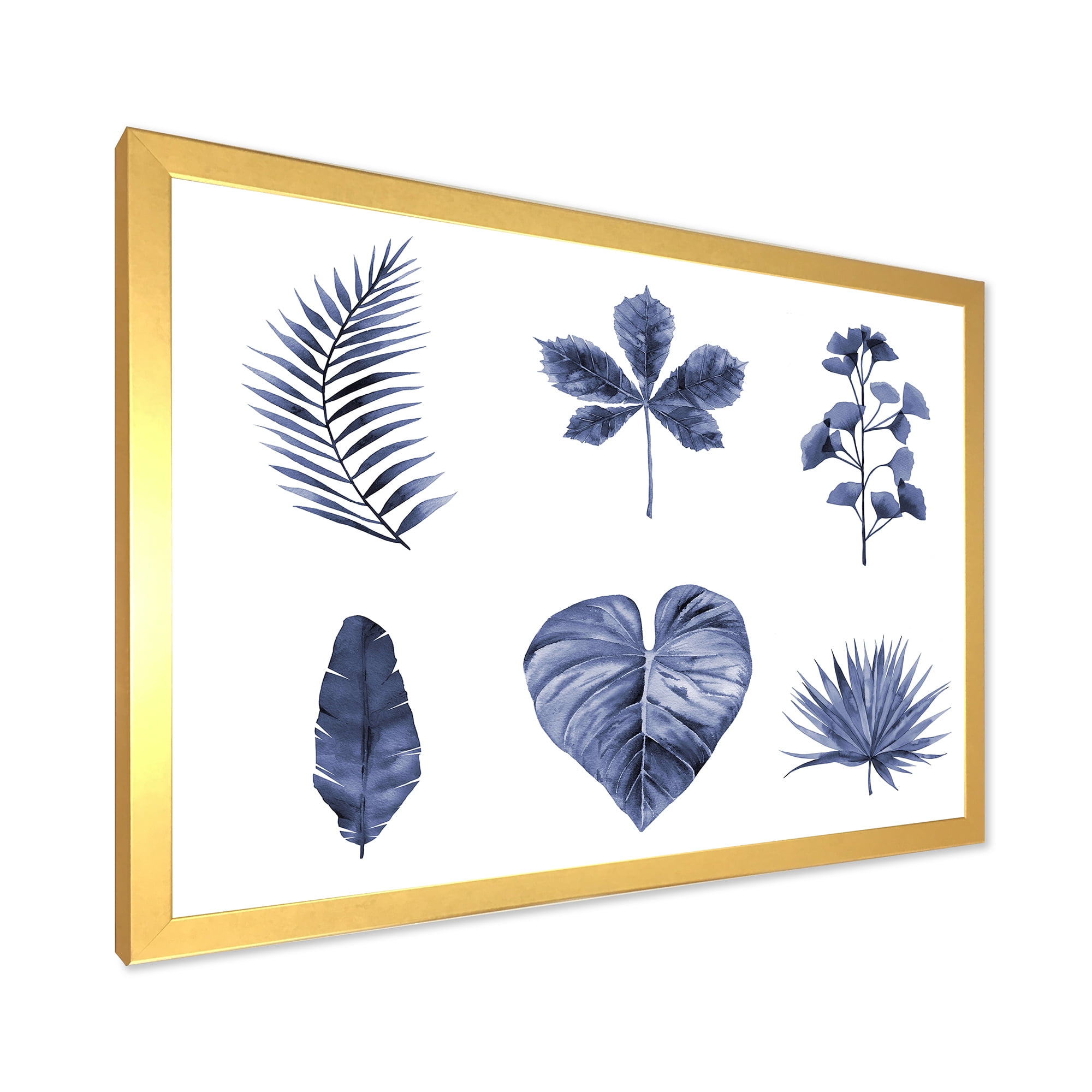 Designart 'Abstract Set Of Plant Leaves Blue' Traditional Framed Art Print