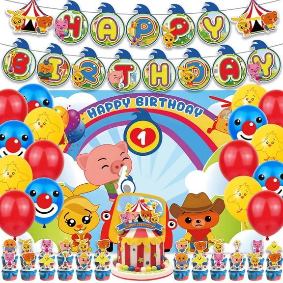 Plim Plim Themed Party Decorations Birthday Party Supplies - Happy Birthday Banner, Backdrop, Cake Topper, Cupcake Topper, Balloons - Clown Theme - Cartoon Pattern