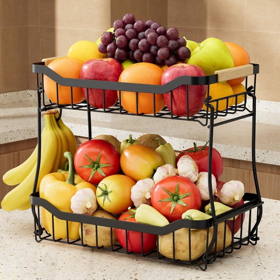 Fruit Basket for Kitchen Counter - 2 Tier Detachable Fruit Vegetable Basket with Banana Hanger, Metal Countertop Fruit Stand with Wooden Handle, Black, 7.3" D x 11.2" W x 10.3" H