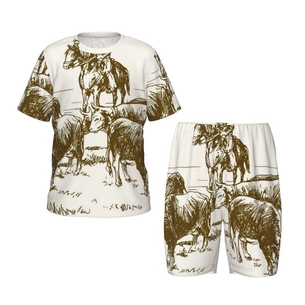 Balery Cattle Drive By Two Cowboys Conjunto de Pijama Infantil de Manga Corta con Estampado – Ropa de Dormir de Algodón Suave-Large