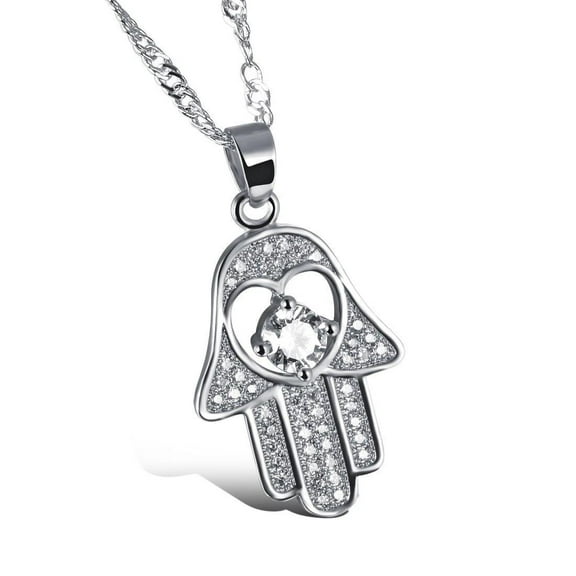 White Gold Plated Necklace Pendant Hamsa Hand Evil Eye Good Luck Zirconia G167