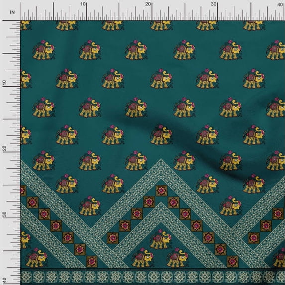 Soimoi Moss Georgette Fabric Floral Mandala & Elephant Panel Print Fabric by Yard 42 Inch Wide