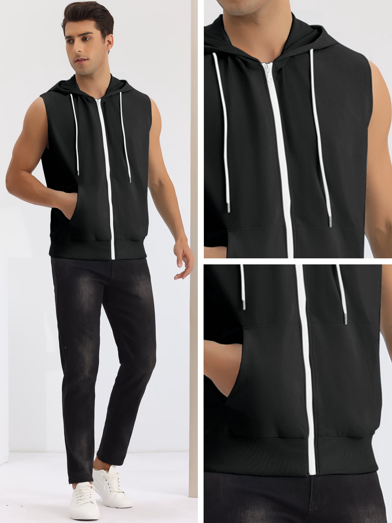 Unique Bargains Men's Sleeveless Hoodie Zipper Drawstring Hooded Sweatshirt Vest L Black