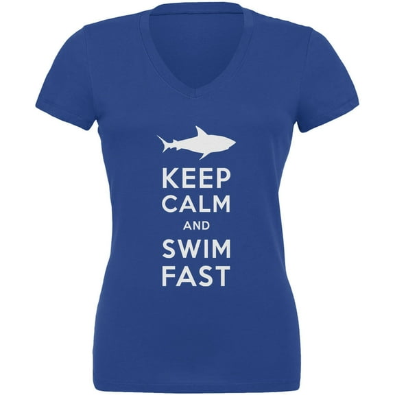 Shark Keep Calm and Swim Fast Royal Juniors V-Neck T-Shirt - X-Large
