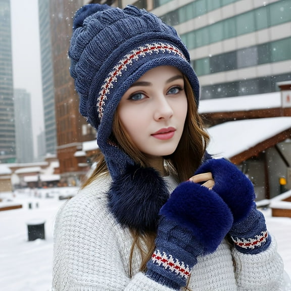 Women's Winter Set Knit Beanie Hat and Gloves 2 Pieces Three Pompoms Ear Flaps Hat with Fingerless Gloves Warm Sets
