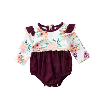 

Baby Girls Long Sleeve Ruffle Flowers Print Romper One-piece Clothes Bodysuit