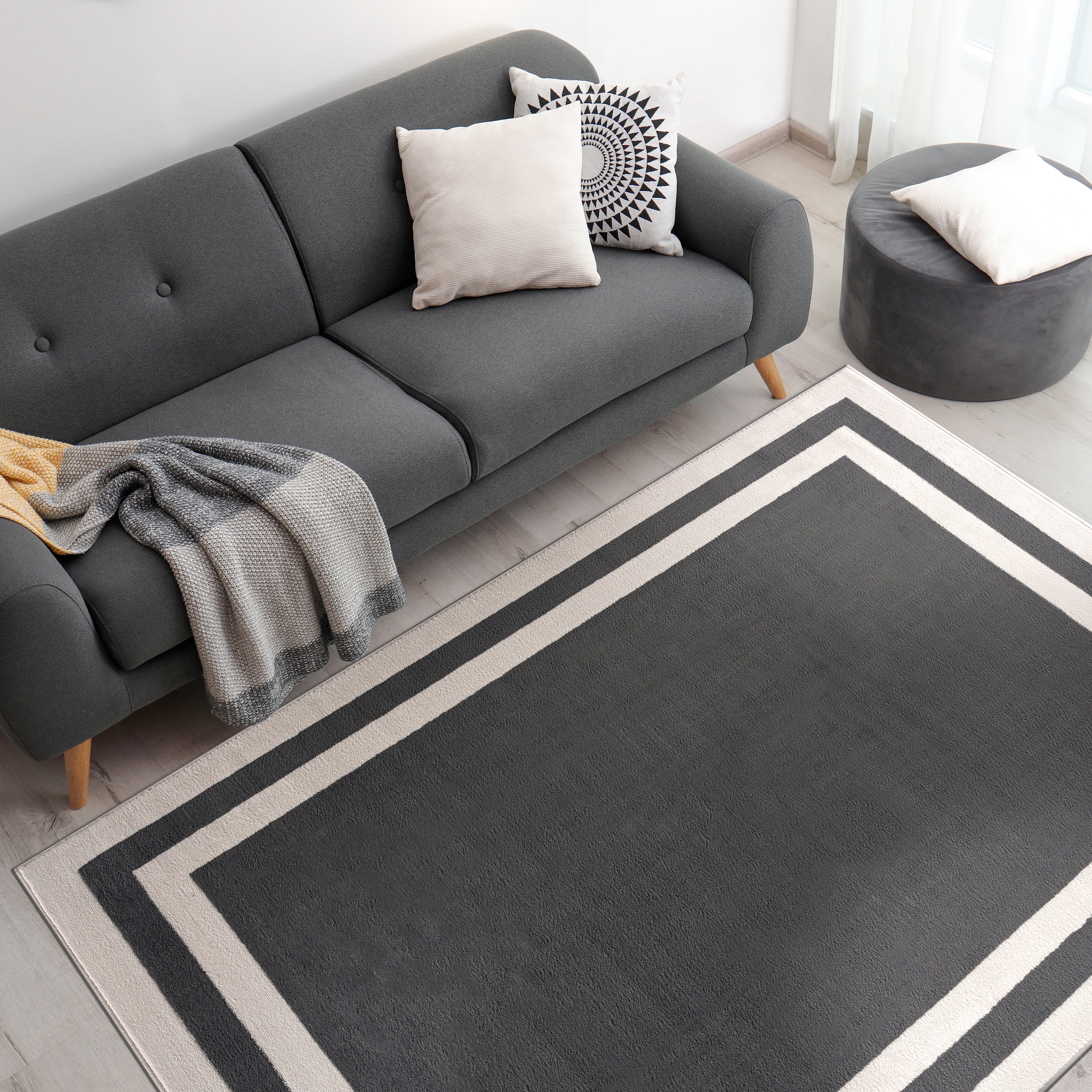CAMILSON Crystal Dark Grey Area Rug, 3' x 5' Bordered, for Living Room, Bedroom, Dining Room Dark Grey / Cream Indoor Area Rugs