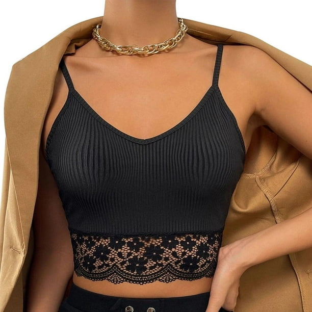 Camisola sin mangas con tirantes finos para mujer, chaleco de punto acanalado con cuello en V, camiseta informal negra ajustada con ribete de encaje, camiseta sin mangas negra M