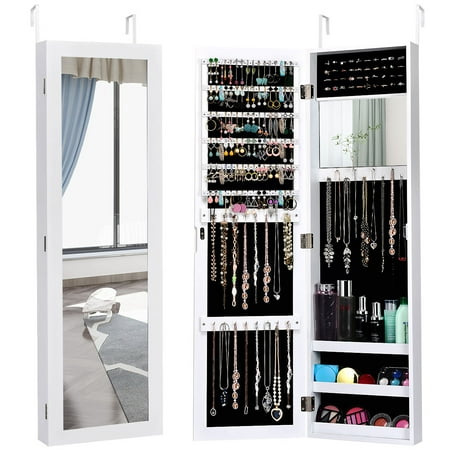 Costway Wall Door Mounted Mirrored Jewelry Cabinet Armoire Storage Organizer White