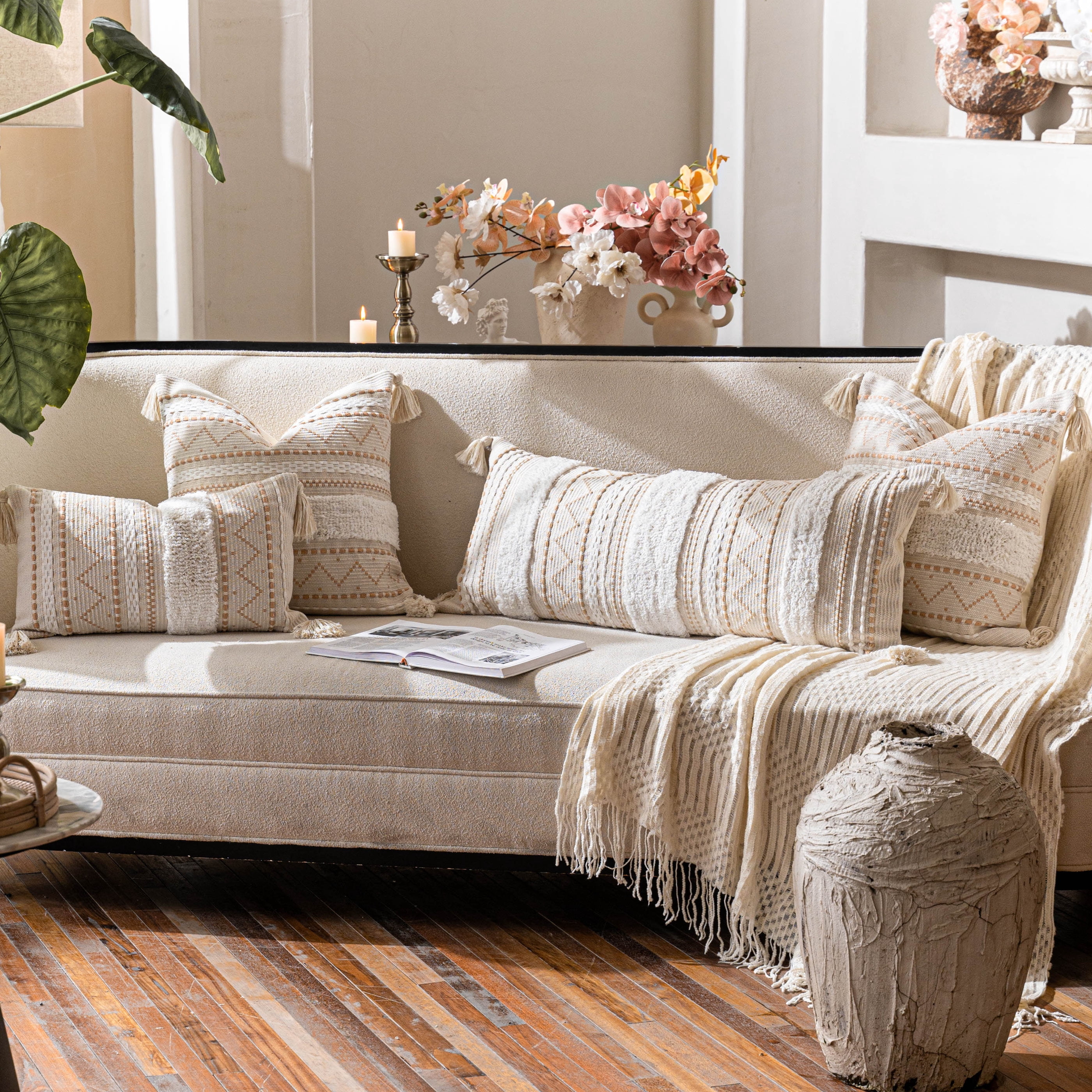 BlissBlush Cream Decorative Lumbar Throw Pillow Cover 14x36 Boho Long Cushion for Bed Neutral Accent Farmhouse Pillowcase for Bedroom Living Room Couch Sofa Home Décor (Cover ONLY, Pack of 1)