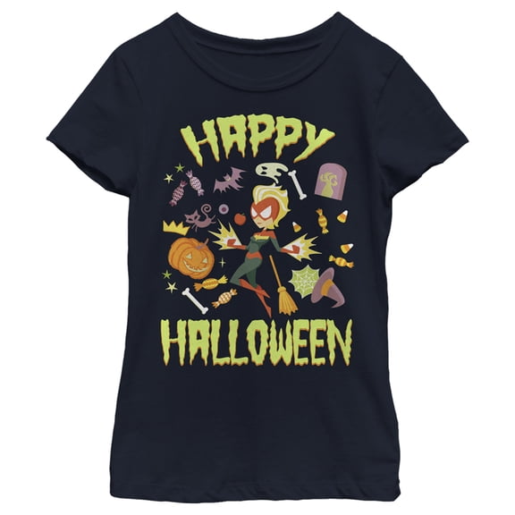 Girl's Marvel Animated Captain Marvel Happy Halloween Graphic Tee Navy Blue Large