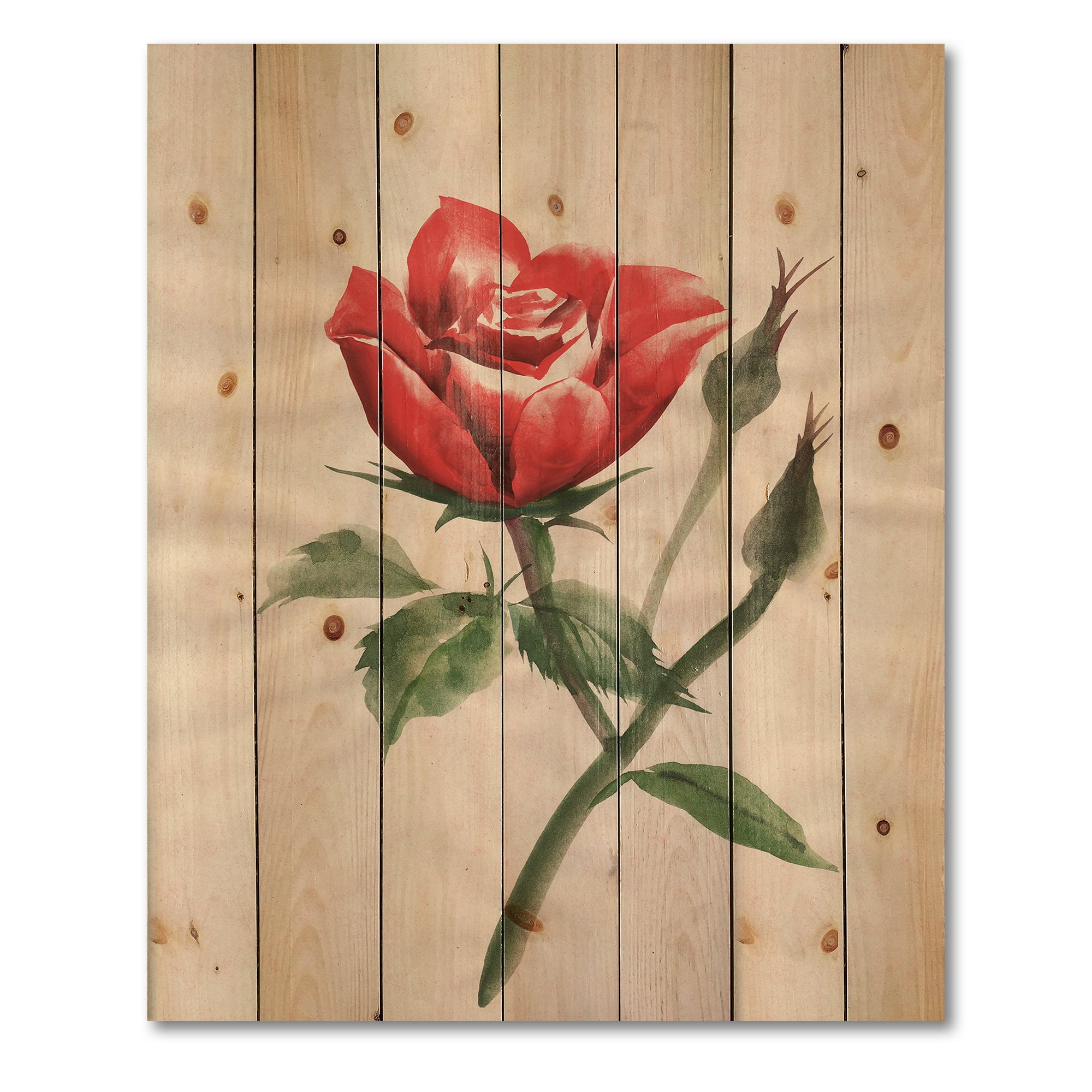 Designart 'Ancient Red Rose Flower II' Traditional Print on Natural Pine Wood
