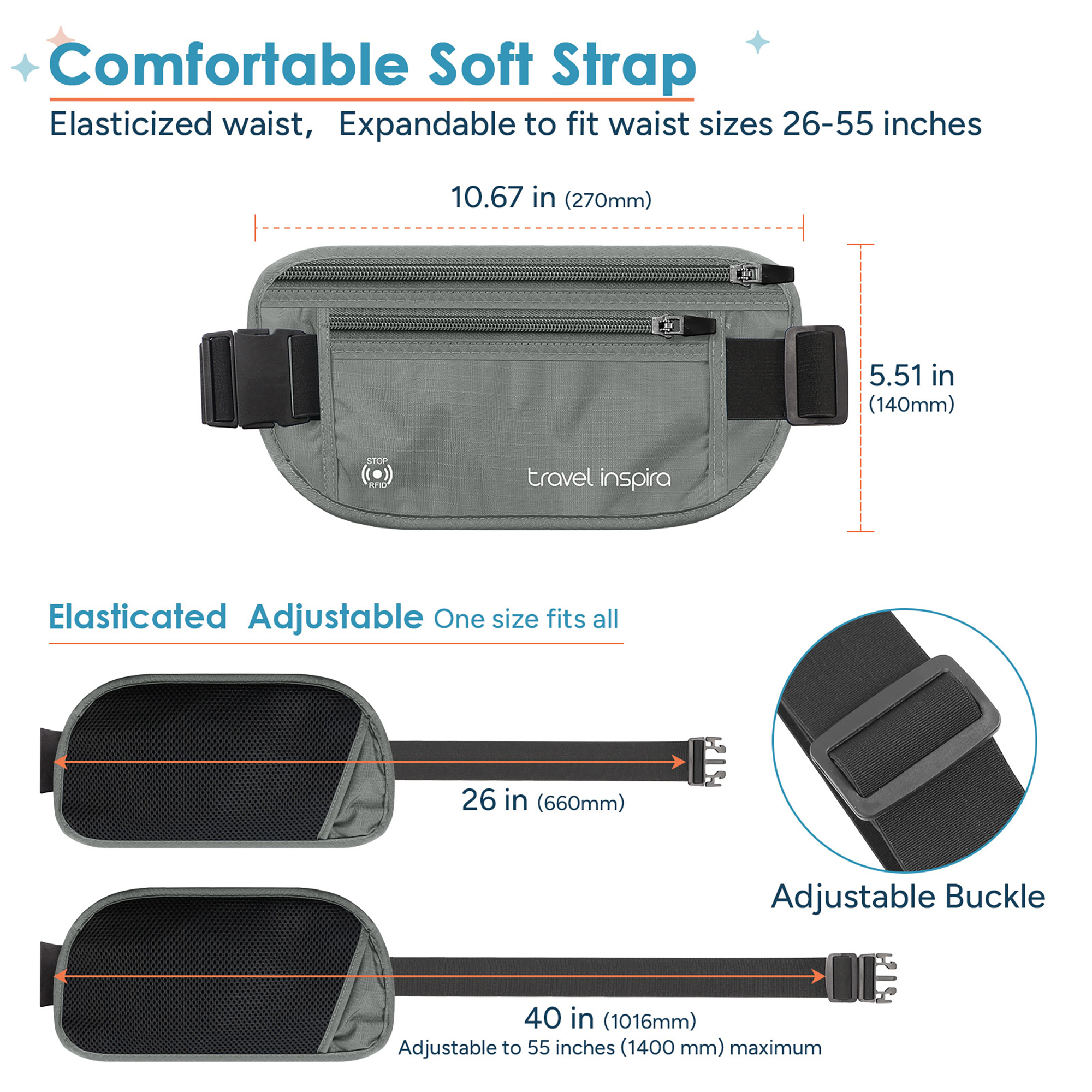Travel Inspira RFID Blocking Travel Money Belt with Passport Holder photo 3