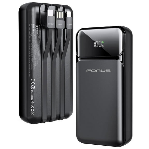 22.5W PD Fast Charge 10000mAh Power Bank for iPhone 16/Pro/Max/Plus - Backup Battery Portable Charger Built-in Cable LED Display 1-Port USB