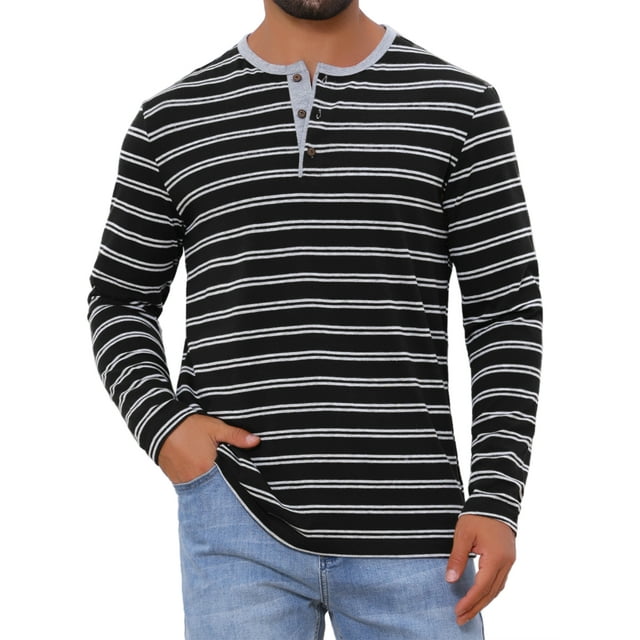 Camisetas Henley de Rayas de Colores Contrastantes de Manga Larga Casual para Hombre L Negro