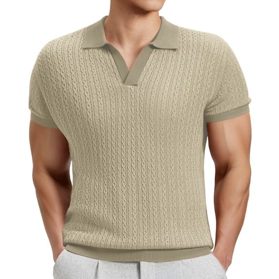 FEDTOSING Mens Knit Shirts Old Money Textured Short Sleeve V Veck Polo Sweater Summer Casual Shirt