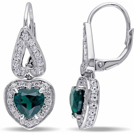 Tangelo 3-3/4 T.G.W. Created Emerald and Created White Sapphire Sterling Silver Heart Leverback Earrings