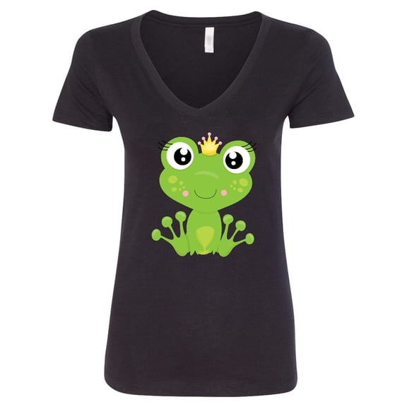 Inktastic Cute Frog, Green Frog, Frog Princess, Crown Women's V-Neck T-Shirt