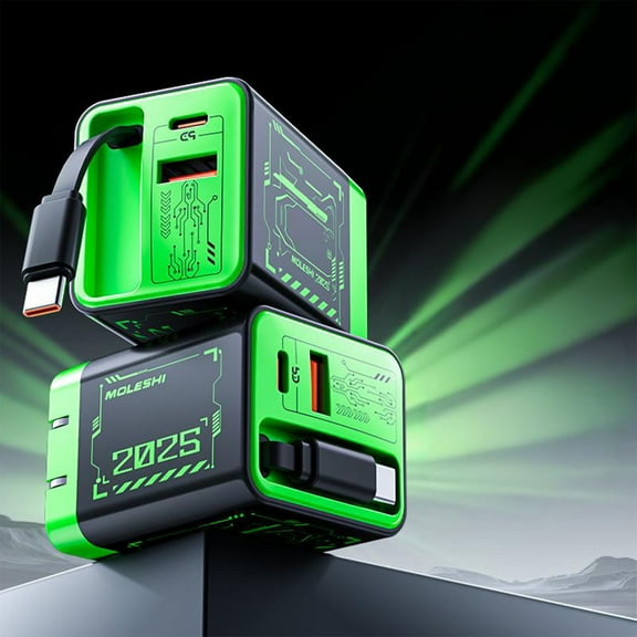 Xecvkr 3 in 1 Retractable Charger Wall Plug 67W Fast Charging Module Built in USB C Cable Dual USB Ports Phone Laptop Tablet Travel Compact Folding Green 1 Pack